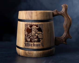Engraved Wooden Beer Mug: Viking Tankard