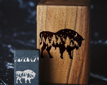 Personalized Engraved Windproof Lighter - 014 - buffalo - winter landscape - lighter with buffalo - gift for hunter