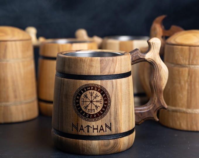 Engraved Wooden Beer Mug: Rustic Viking Groomsmen Gift Gift for Groom bachelor party