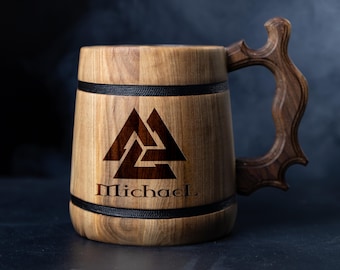Wooden beer mug with engraved Celtic triquetra  - groom's gift for a bachelor party
