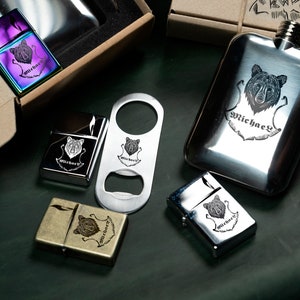 Personalisiertes Wikinger Geschenk Set - Feuerzeug und Flaschenöffner und Flask - oder nur Feuerzeug / nur Flaschenöffner / nur Flask - Familienwappen