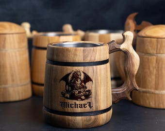 Engraved Wooden Beer Mug: Rustic Viking Tankard, Groomsmen Gift bachelor party dnd tankard