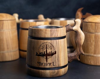 Handmade Wooden Beer Mug – Viking Style, Custom Engraving,  Groomsmen Gift idea.