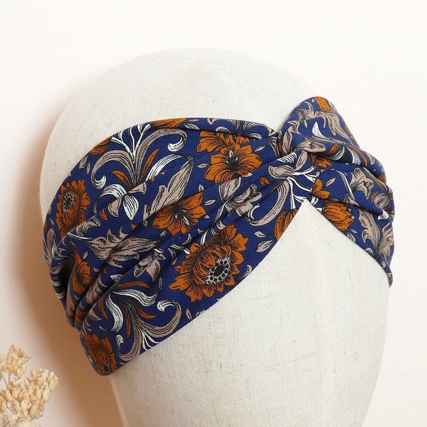 Headband twist marine et orange fleurs vintage