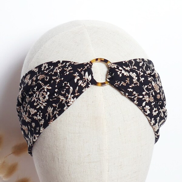 Headband noir petites fleurs avec anneau
