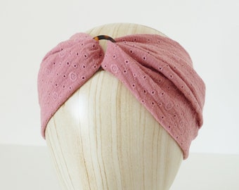 Headband anneau marbré gaze de coton vieux rose brodé