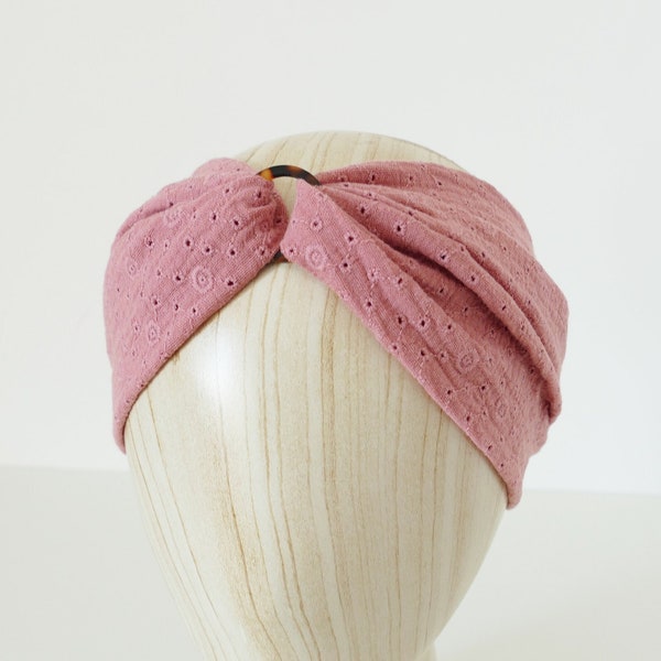 Headband anneau marbré gaze de coton vieux rose brodé