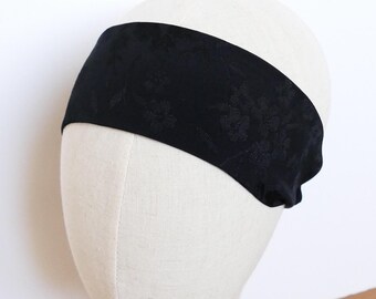 Black satin jacquard flower flat headband