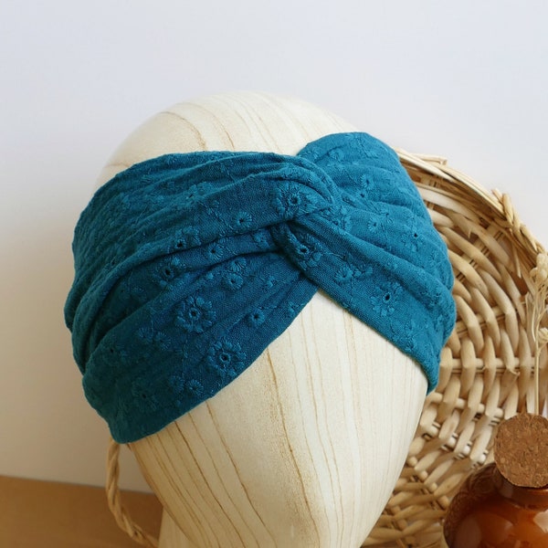 Headband twist gaze de coton brodé bleu paon