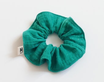 Green cotton gauze scrunchie with lurex stripes