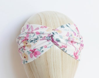 Headband twist watercolor flowers pink, blue, yellow