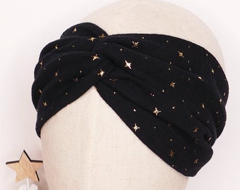 Headband twist gaze de coton noir étoiles dorées