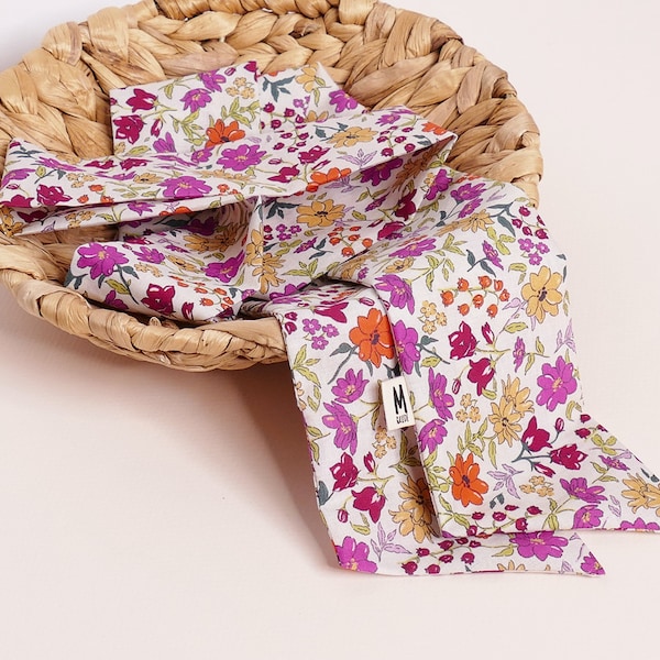 Foulard bandeau/ceinture écru petites fleurs violettes et oranges