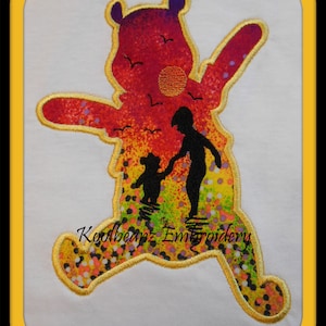 Chis Robbins and bear silhouett in pooh applique, in sizes 4x4 5x7 6x10 Digital applique embroidery file.