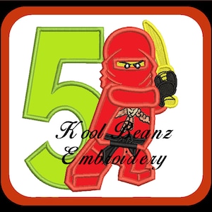 May include: Green number five with a red Lego ninja figure holding a yellow sword. The text "Kool Beanz Embroidery" is below the figure.
