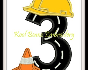 Number 3 construction digital applique embroidery file in 4x4 5x7.