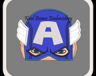 Captain America peeker. Applique design in 4x4 5x7 6x10 sizes.