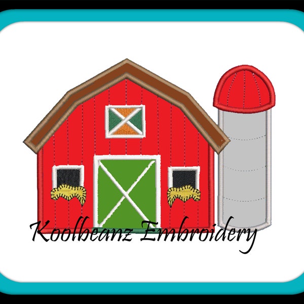 Barn and Silo in 4x4 5x7 6x10 digital applique embroidery.