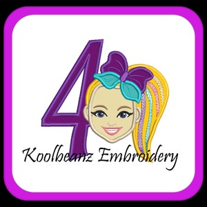 May include: An embroidered design featuring a cartoon face with a purple bow and a number 4. The face has blonde hair with colorful streaks. The text "Koolbeanz Embroidery" is below the face and number.