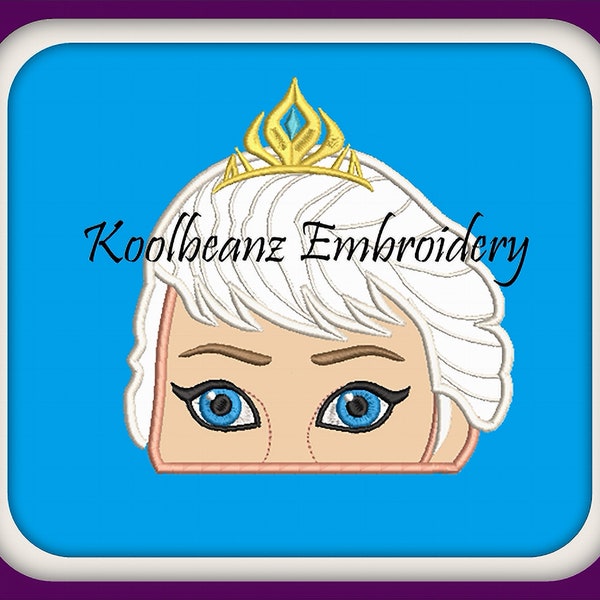 Queen Elsa peeker. Applique design file in sizes 4x4 5x7 6x10.