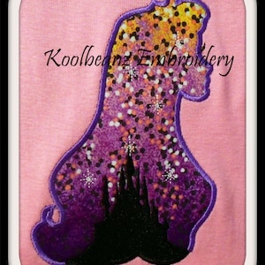 Sleeping Beauty head with silhouette of castle, Applique embroidery file. In sizes 5x7 6x10