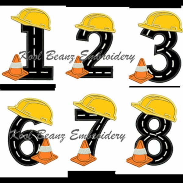 Construction Birthday numbers. 4x4 5x7 Digital applique embroidery files.