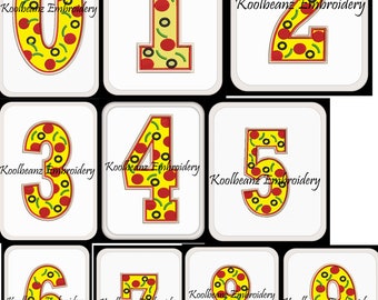 Pizza numbers in sizes 4x4 5x7 this is for the set of 10 numbers. Applique digital embroidery files