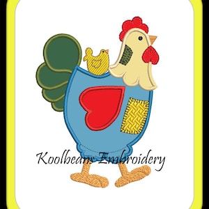 May include: A blue, red, yellow and green patchwork chicken with a yellow chick on its back. The chicken has a red comb and wattle. The text "Koolbeans Embroidery" is below the chicken.