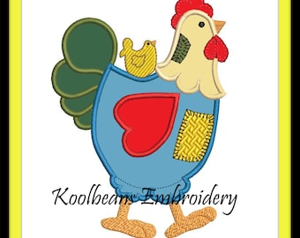 Patch work chicken with baby chick in 4x4 5x7 6x10 digital applique embroidery file