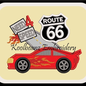 Race car on Route 66. Digital applique embroidery files in 4x4 5x7 6x10