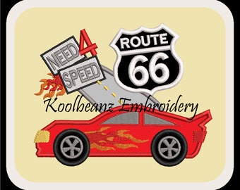 Race car on Route 66. Digital applique embroidery files in 4x4 5x7 6x10