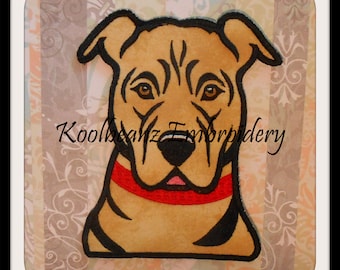 Pit bull dog head. Applique embridery file in sizes 5x7 8x8.