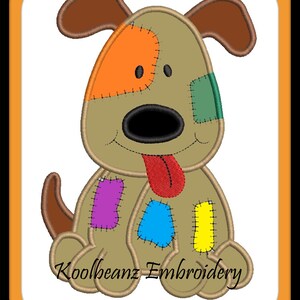 May include: A brown and tan patchwork dog with a red tongue, orange, green, purple, blue, and yellow patches. The dog is sitting with its legs crossed and has a stitched smile. The text "Koolbeanz Embroidery" is below the dog.
