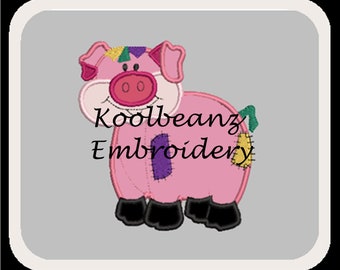 Patch pig embroidery and applique design. In 4x4 fill 5x7 6x10 applique will fit MB4 hoop.