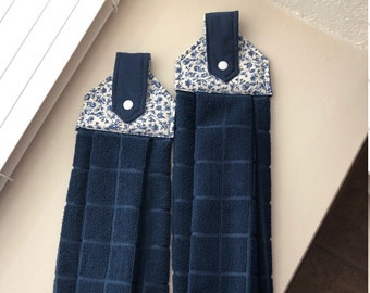 Set of 2 Navy Blue and White Hanging Kitchen Towels FREE SHIPPING