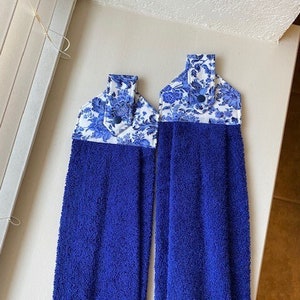 Set of 2 Navy Blue and White Hanging Kitchen Towels FREE SHIPPING