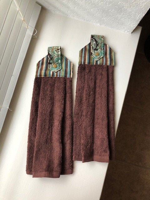Set of 2 Brown and Turquoise Hanging Kitchen Towels Etsy