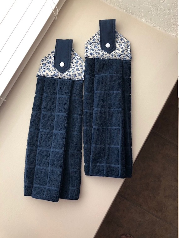 Set of 2 Navy Blue and White Hanging Kitchen Towels FREE SHIPPING 