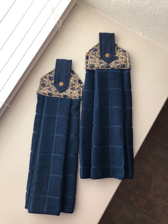 Set of 2 Navy Blue and Tan Hanging Kitchen Towels FREE SHIPPING 