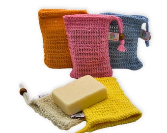 Sisal Fiber Soap Saver Bag with Bamboo Bead, Exfoliating Pouch
