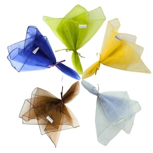 May include: Five sheer organza fabric wraps in blue, lime green, yellow, brown, and light blue, each gathered at the center with a matching ribbon tie. Each wrap features a small white rectangular label with the text "WRAPPYBAG.COM" attached.