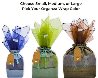 Bamboo Jute Gift Bag, Small, Medium, or Large, Organza Wraps, Kraft Tag, Pick Color