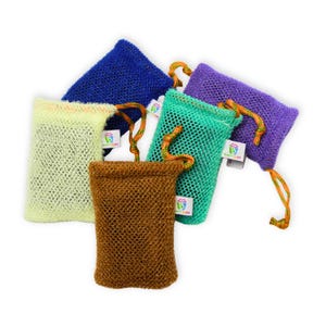 May include: A collection of colorful soap saver bags in various shades, including blue, green, purple, yellow, and brown. Each bag is made of a mesh material and has a drawstring closure with a loop. The bags are arranged on a white background.