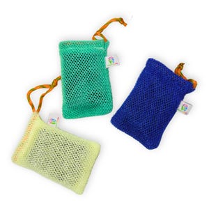 May include: Three mesh soap saver bags in green, blue, and yellow. Each bag has a drawstring closure with an orange and yellow cord. A small white tag with text is attached to each bag.