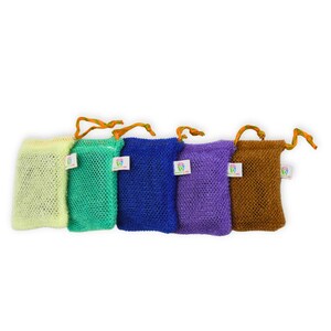 May include: Five colorful mesh soap bags in yellow, green, blue, purple, and brown. Each bag has a matching drawstring and a small white tag. The bags are designed to hold soap and create a rich lather.