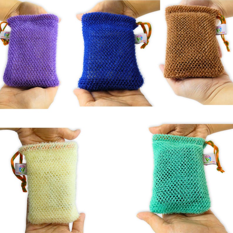 May include: Five mesh bags in various colors: purple, blue, brown, yellow, and green. Each bag is held in a hand and has a drawstring closure with a tag. The bags appear to be made of a textured, woven material.