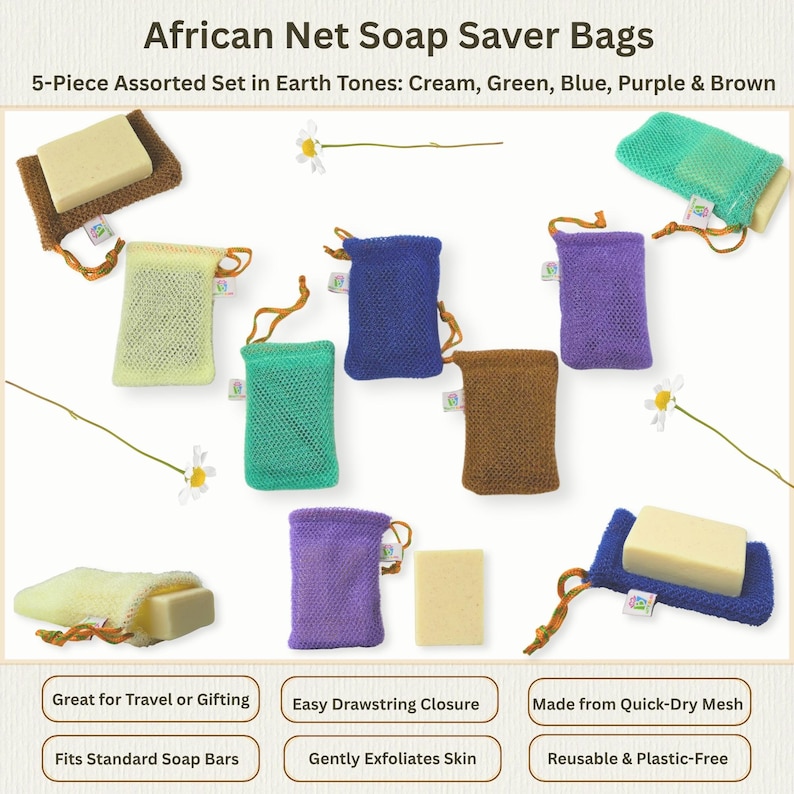 African Net Soap Saver Bag, Exfoliating Nylon Soap Pouch, Drawstring image 4