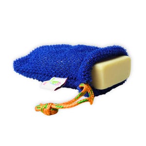 May include: A blue mesh soap pouch with a bar of soap inside. The pouch has an orange and green drawstring closure. A small tag with green and pink text is attached to the pouch.