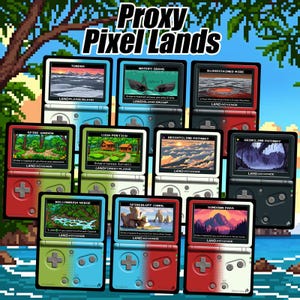 Puede incluir: Una colección de once consolas de juegos portátiles dispuestas en cuadrícula, cada una con un paisaje de arte de píxeles único con etiquetas como Tundra, Watery Grave y Spire Garden. El título Proxy Pixel Lands está arriba.