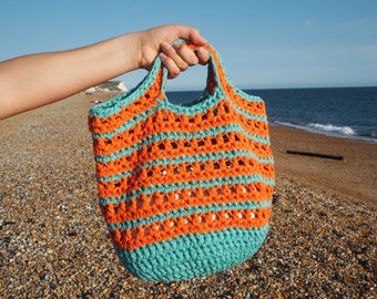 Bonnie Basket - Digital Crochet Pattern - Striped mesh crochet bag, basket, beach bag